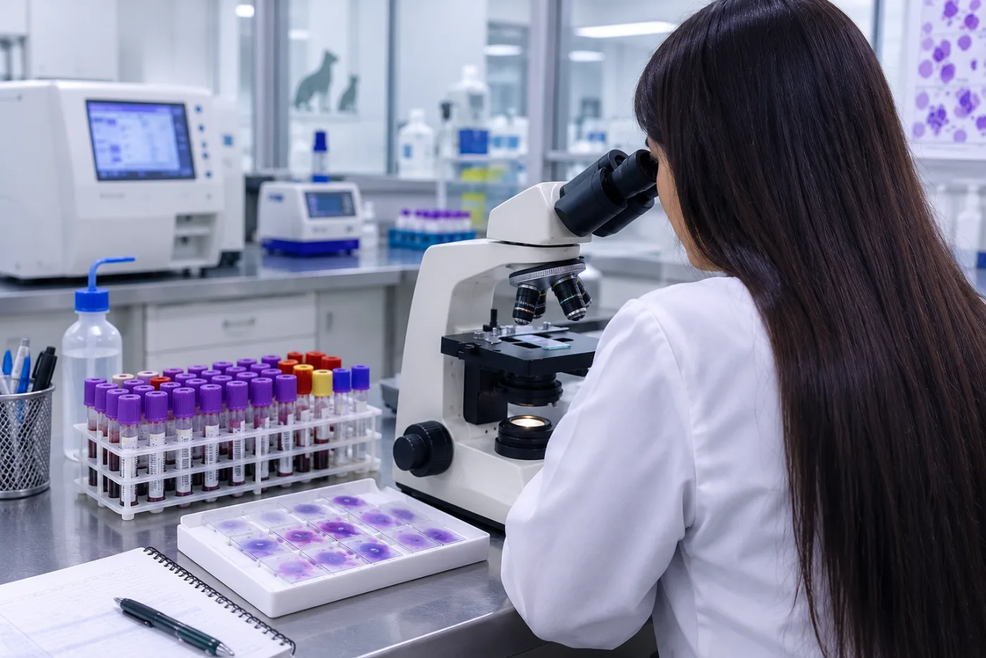 Especialista revisando una laminilla al microscopio junto a tubos de muestra en el laboratorio