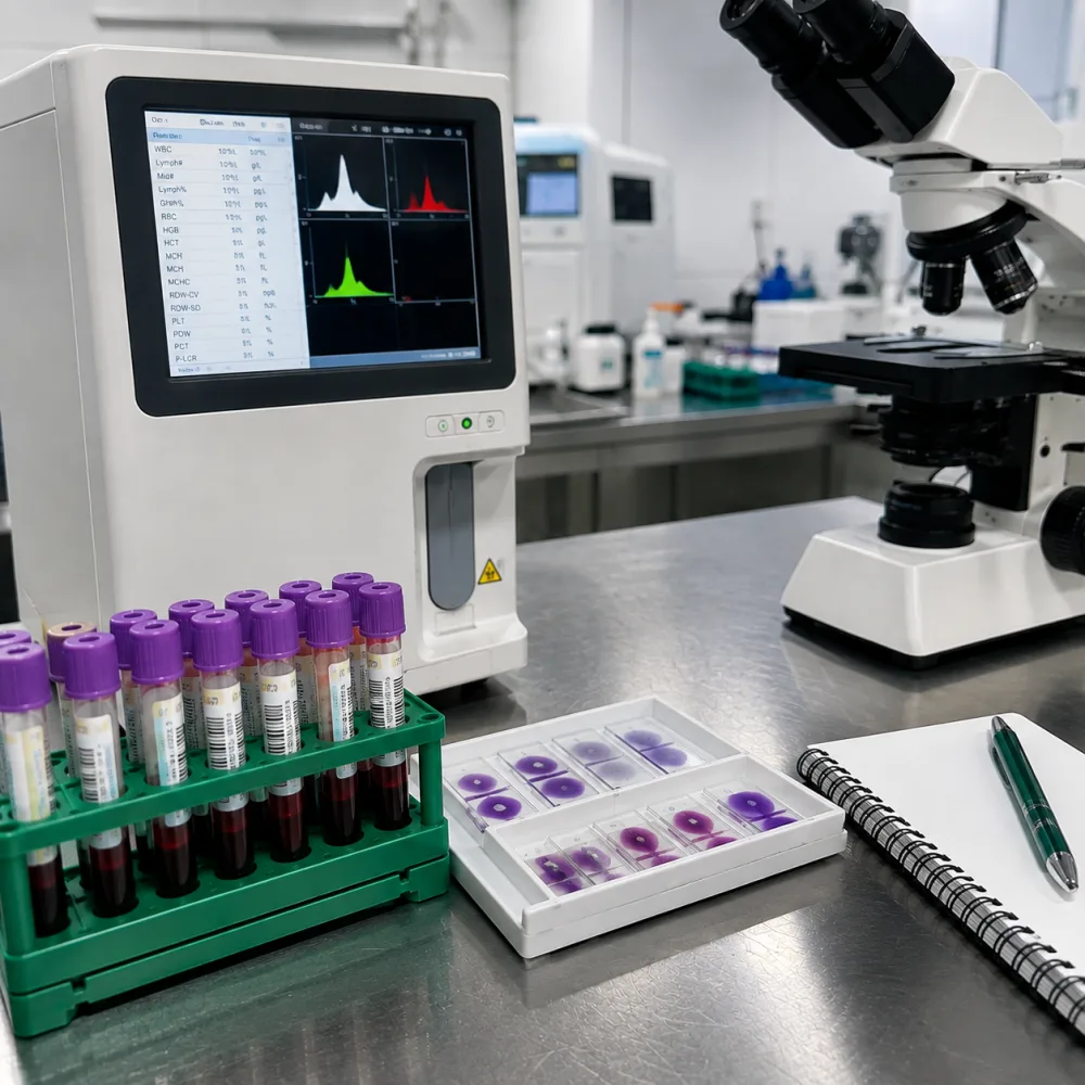 Analizador hematológico mostrando histogramas junto a tubos con EDTA y un microscopio