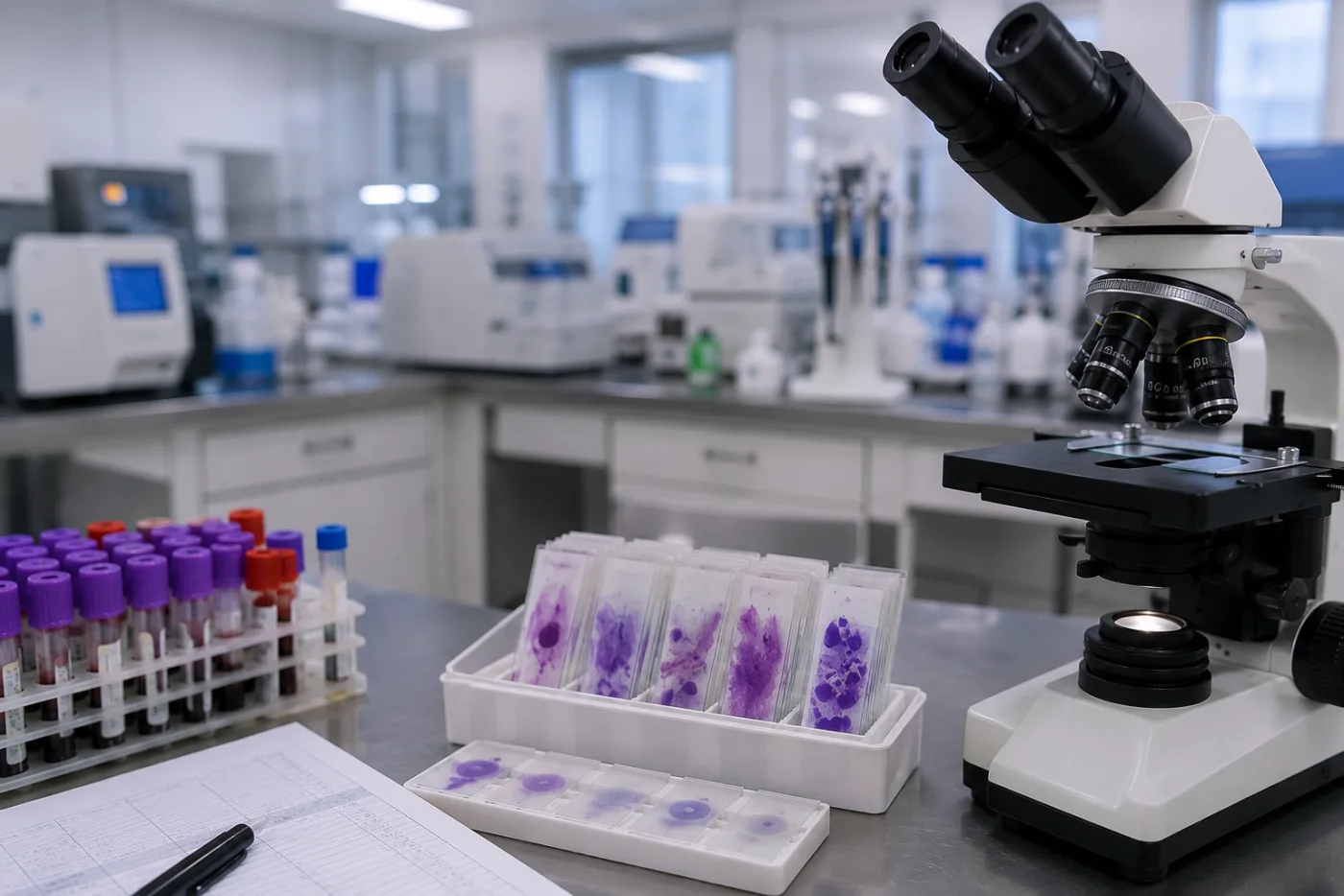 Área de trabajo del laboratorio con microscopio, laminillas y tubos de muestra