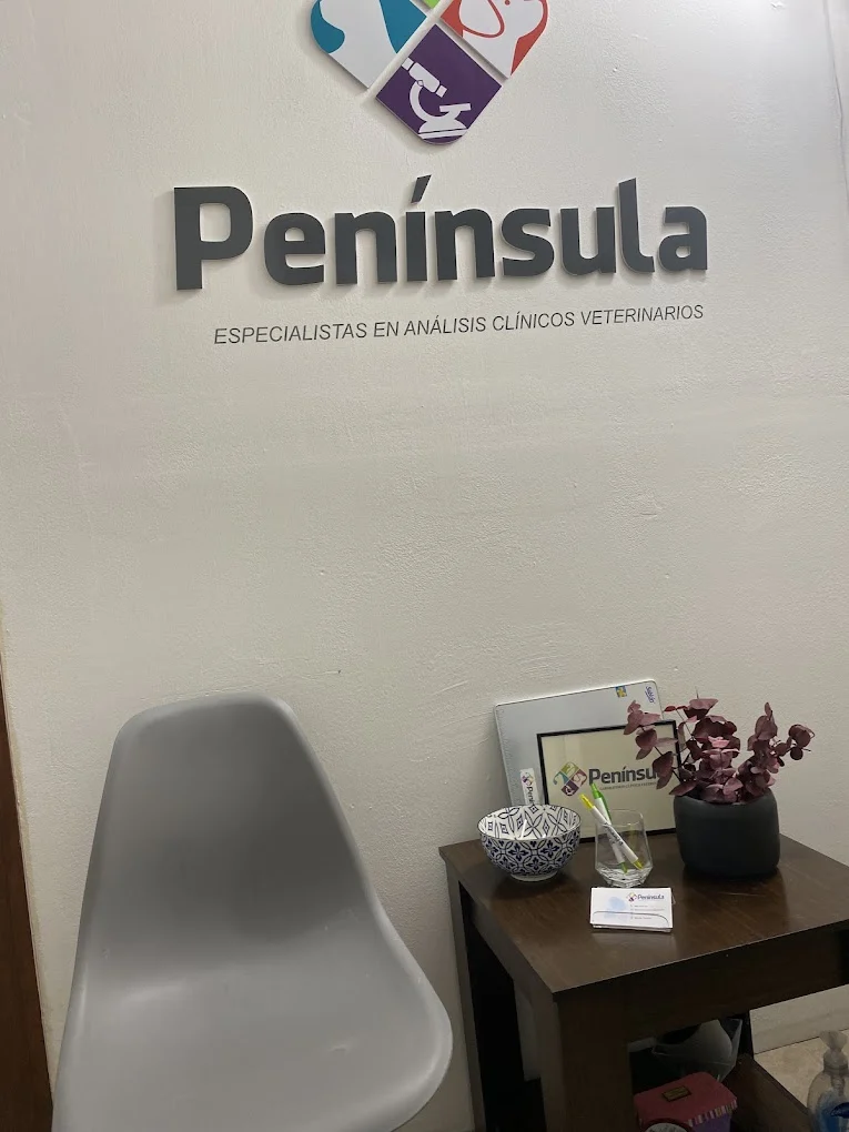 Recepción del Laboratorio Península con el logotipo en el muro