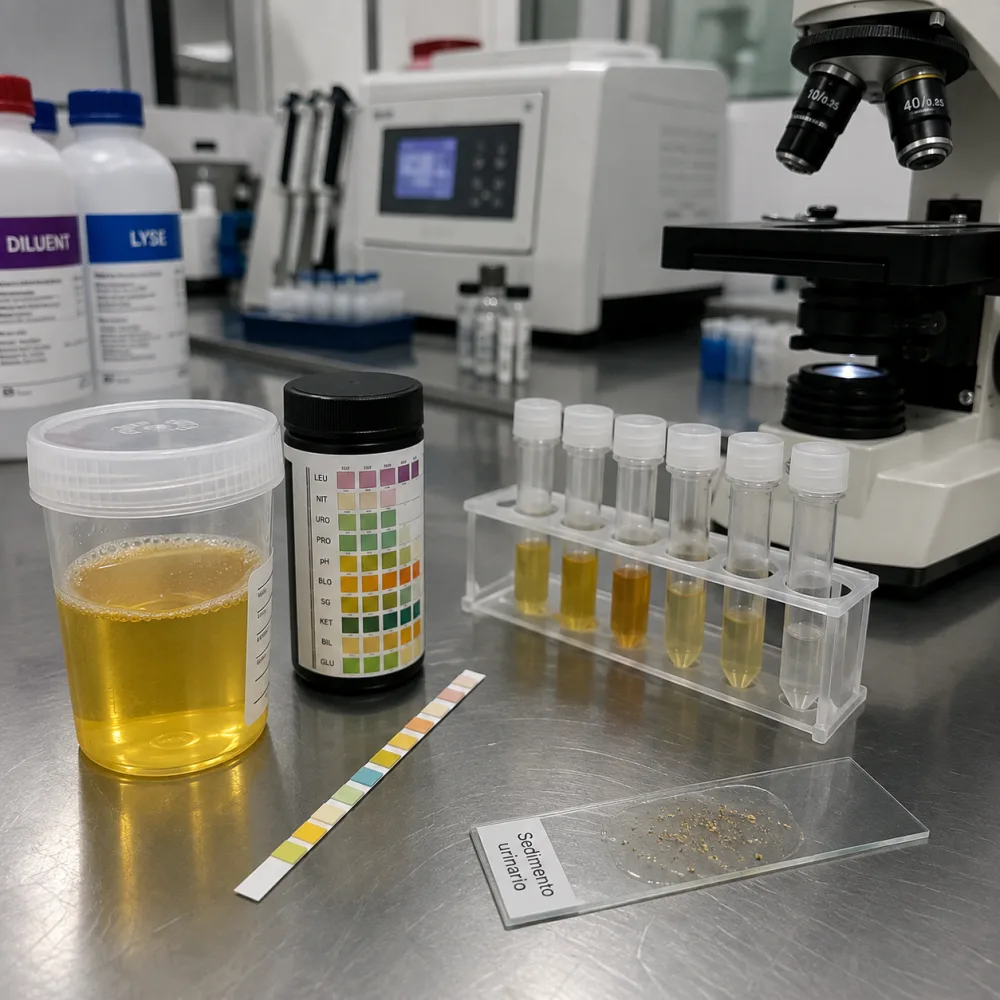 Muestra de orina con tira reactiva, tubos y laminilla de sedimento urinario